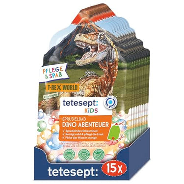 tetesept KIDS Sprudelbad Dino Abenteuer mit fruchtigem Duft und mehrfarbigem Sprudelschaum – Dinostarker Kinder Badespaß mit Badeschaum und orangefarbenem Wasser, sprudelndes Schaumbad – 15 x g im Sale